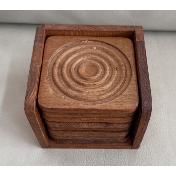 Vintage Goodwood Genuine Teak 9 piece Coaster Set Mid Century Modern - Picture 2 of 8